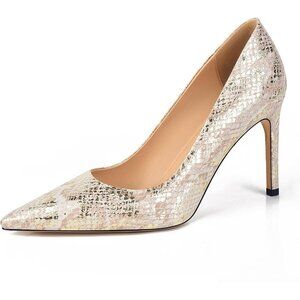 Women's Beige Gold Synthetic Snake Skin Pumps Pointed Toe Stiletto Slip On Heels